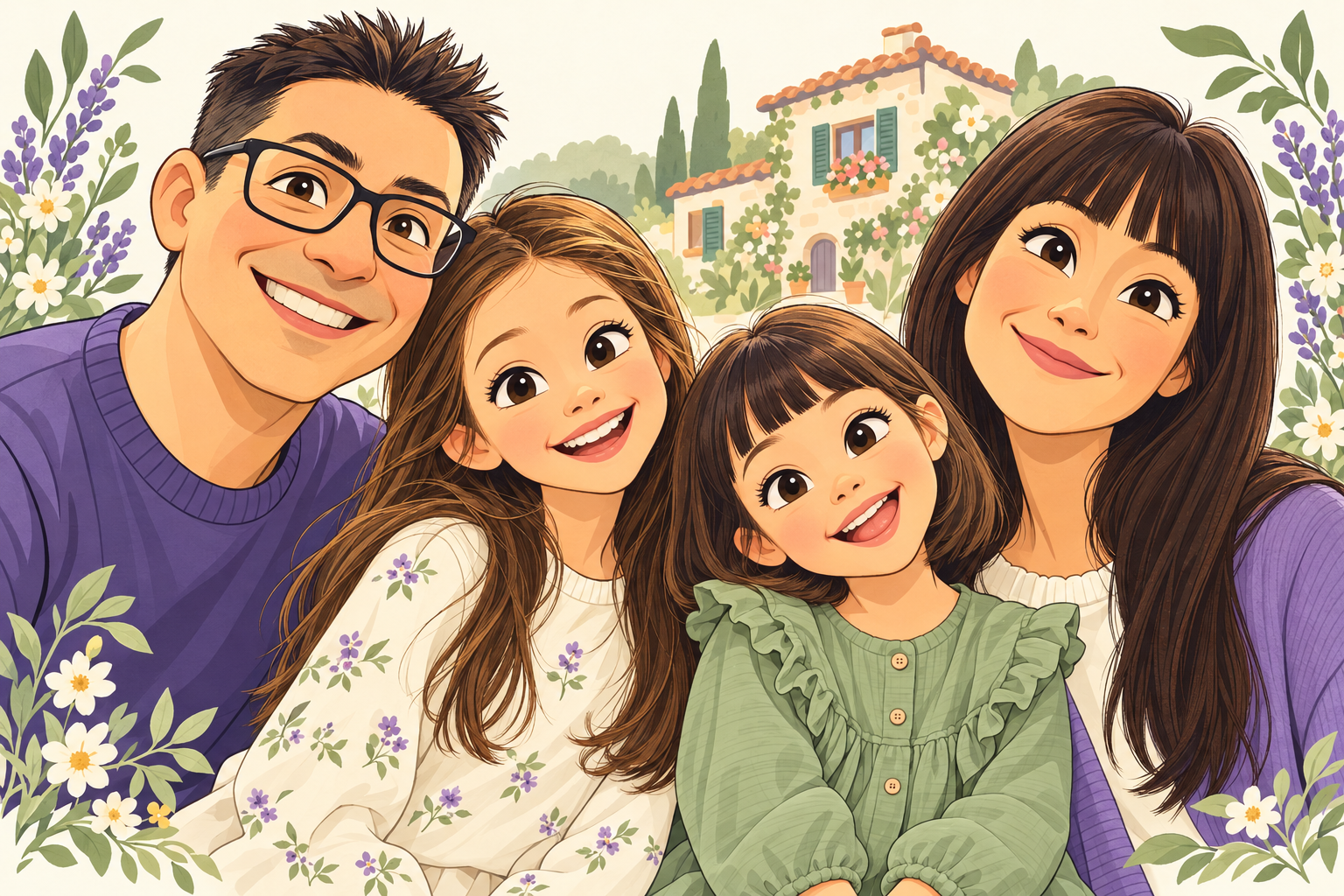La famiglia FloweryHouse in versione cartone animato: Umberto con gli occhiali, Iris con i capelli lunghi, Viola con il caschetto e Sonia con la frangetta